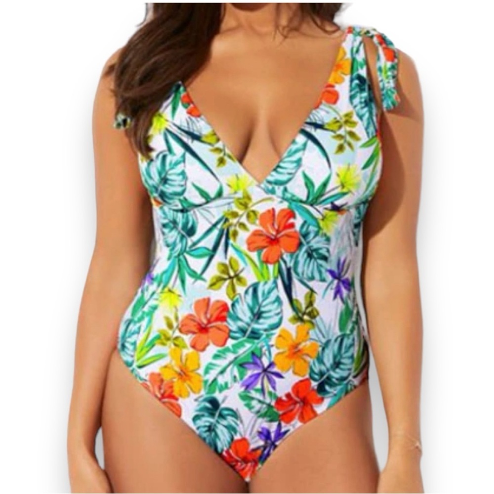 Ashley Graham Swimsuits For All Shoulder Tie Floral Swimsuit Size 22 NWT